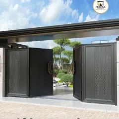 A modern folding gate design with textured panels and elegant handles. This style is perfect for driveways where space is a consideration, offering a sophisticated and practical entrance solution.
