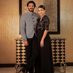 A classic and elegant couple's look. I had the pleasure of being on the style team for Dulquer Salmaan and Amaal for the NMACC opening. Dulquer wears a sharp houndstooth bandhgala by Shahab Durazi.