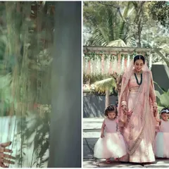 A bride walks hand-in-hand with her two little flower girls, a heartwarming moment showing the bond between generations. We look for these narrative moments throughout the day.