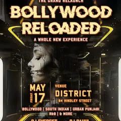 Poster for 'Bollywood Reloaded', an event where I played a mix of Bollywood, South Indian, and Urban Punjabi music. This shows my versatility as an open-format DJ.