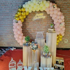 A rustic-chic birthday setup with a pastel pink and gold balloon ring against a brick wall. The decor is complemented by wooden plinths of varying heights, birdcage props, and marquee letters spelling out the name.