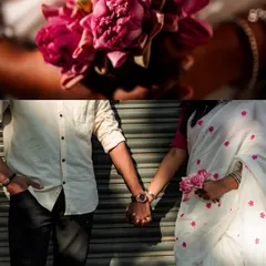 A collage of details from a pre-wedding shoot, focusing on holding hands and a beautiful bouquet of lotuses. These small moments tell a big story.