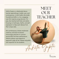 Meet our dedicated teacher, Ankita Gupta. She specializes in ballet, jazz, and contemporary, focusing on building foundational skills and helping each dancer find their unique style.