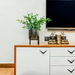 A close-up of a media console, showcasing the clean lines, warm wood tones, and quirky decor like the vintage camera bookends that add a personal touch.