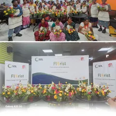 A snapshot of success. The top image shows the proud participants of our Nellore workshop with their final floral bouquets and arrangements. The bottom image showcases the variety of vase arrangements they learned to create during the program.
