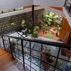 An overhead view into the sky-lit courtyard of the Gifty Residence. This small patch of green brings life and nature into the very center of the home, providing light and fresh air to the surrounding spaces.
