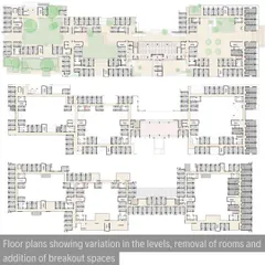 Floor plans for the IIM-B hostel, showing the variation in levels and the addition of double-height breakout spaces. This strategy breaks the monotony of typical double-loaded corridors and fosters interaction.