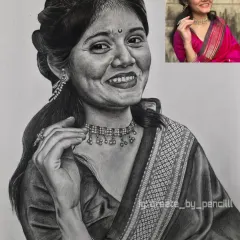This comparison shows how a colorful photograph is transformed into a classic black and white pencil sketch. I focused on the joyful expression and the details of her traditional Marathi attire.