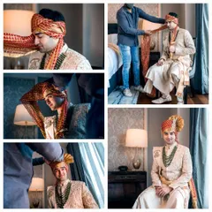 A behind-the-scenes look at the groom getting ready, focusing on the intricate process of tying the wedding safa (turban).