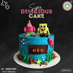 Who lives in a pineapple under the sea? This fun SpongeBob SquarePants cake features Patrick and SpongeBob sitting atop a vibrant blue cake, ready for a happy birthday celebration at Bikini Bottom.