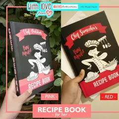 A look at two custom recipe books designed for her, showing different color options in pink and red. Each cover features a unique chef caricature and the recipient's name for a truly personal touch.