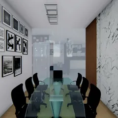 A clean and professional conference room design. Key features include a glass partition for an open feel, a feature wall with marble texture, and a gallery wall for branding or art.