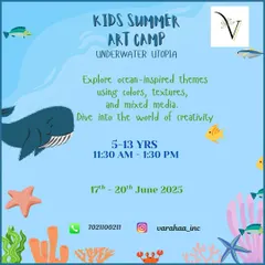 Dive into creativity with the Underwater Utopia summer art camp. This poster invites kids to explore ocean-inspired themes using various colors, textures, and mixed media to create their own aquatic masterpieces.