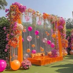 A duplicate of the vibrant outdoor Mehendi setup, showcasing the beautiful combination of fresh flowers and balloons.
