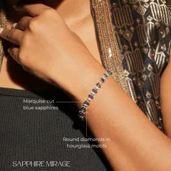 The Sapphire Mirage Bracelet, worn to showcase its unique design. It features marquise-cut blue sapphires and round diamonds set in an elegant hourglass motif.