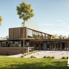 This two-storey farmhouse in the Aravallis is an example of spatial clarity and minimal, grounded architecture. The facade, with its mix of wood and glass, harnesses natural light and creates a seamless transition between the indoor and outdoor spaces.