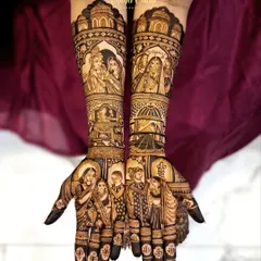 A full view of the heavy bridal mehendi for my dear friend. The design is packed with personal stories and family portraits, making it extra special.