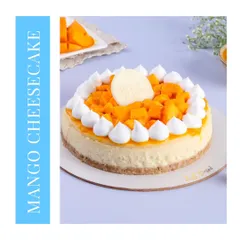 My seasonal Mango Cheesecake is made with real Alphonso mangoes. The creamy cheesecake is topped with fresh mango pulp and generous chunks of juicy mango.