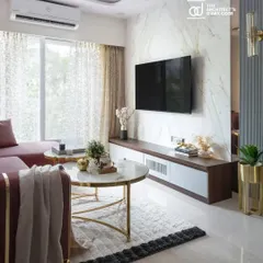 The Architect's Diary featured the living room's TV wall, noting its dramatic marble cladding and clean, modern lines that contribute to the home's sophisticated feel.