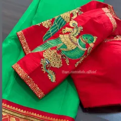 The sleeves of this vibrant red blouse are hand-painted with majestic parrots, a classic motif in Indian art. The painting is highlighted with subtle zardosi work.