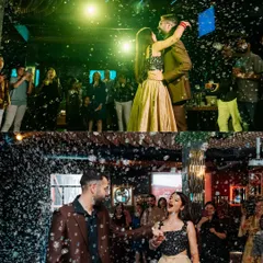 A dramatic couple entrance at their post-wedding brunch, complete with a shower of bubbles. This collage captures the high energy and celebratory mood of the event.