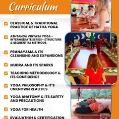 Our 300-hour curriculum is comprehensive. This graphic outlines the modules, including classical Hatha, Ashtanga Vinyasa intermediate series, Pranayama, Mudra, and yoga anatomy.