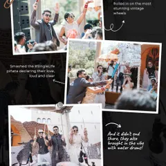 A collage of unique entry moments. It includes a couple smashing a 'Single Life' piñata, arriving in a vintage car, and even playing water drums to kick off the festivities.