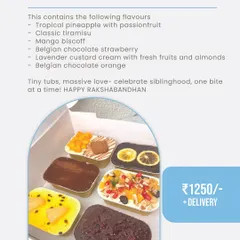 My Sweet Sampler box offers a tour of my most popular dessert tub flavors. It includes a variety of treats like Tropical Pineapple, Classic Tiramisu, Mango Biscoff, and Belgian Chocolate Orange, perfect for sharing or indulging.