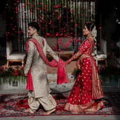 We live for moments like these. A grand exit under a shower of petals for Laksha and Partha, perfectly capturing the magic of their Sabyasachi and Tarun Tahiliani ensembles at the breathtaking Amitarasa venue.
