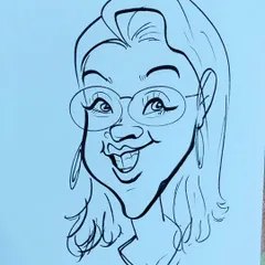 I love to draw caricatures, and this portrait of a woman with glasses and a bright smile is a great example.
