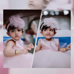 A collage showing the sweet and curious expressions of a one-year-old. Dressed in a lovely pink party dress, little Thara's personality shines in these candid shots taken during her birthday celebration.