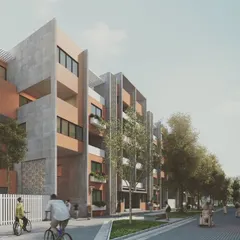 This visualization shows our proposed design for a residential apartment building in Bangalore. The architecture uses a mix of exposed concrete and brick, creating a modern yet warm aesthetic suitable for a community-oriented living environment.