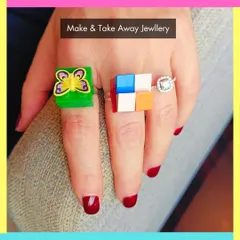 Students get to make and take away their own jewelry, like these creative and colorful rings.