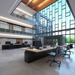 A concept for a modern, multi-level office with an open atrium and large glass windows, designed to foster collaboration and transparency in a corporate environment.