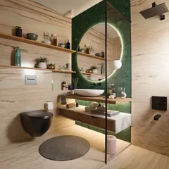 This bathroom design blends natural and luxurious elements. A bold green marble accent wall with a backlit circular mirror is the centerpiece, complemented by travertine-style tiles and floating wooden shelves for a spa-like feel.