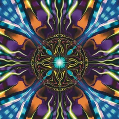 An experimental piece from my 'प्रयोग आणि निरीक्षण' series. This is a symmetrical, mandala like digital creation with a glowing center, using a vibrant palette of purple, orange, and neon yellow to create a sense of electric energy.