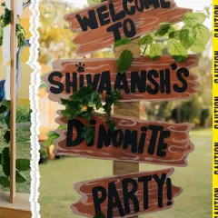 A personalized wooden sign for 'Shivaansh's Dino-mite Party'. We love creating custom details that make the birthday child feel extra special.