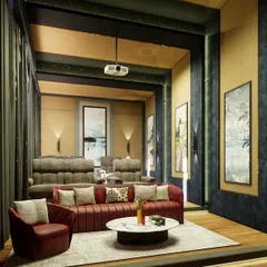 This angle shows the thoughtful placement of wall sconces and art, which add to the room's classic, cinematic ambiance.