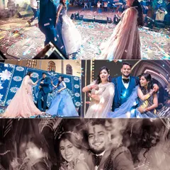 A collage filled with high-energy dance moments from a Sangeet night, showing the couple and guests enjoying the party.