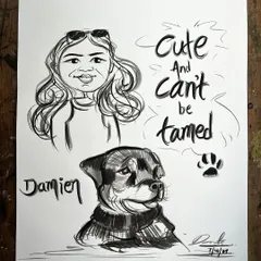 A fun portrait of a girl and her Rottweiler, Damien. I can create separate portraits on the same page to highlight both personalities.