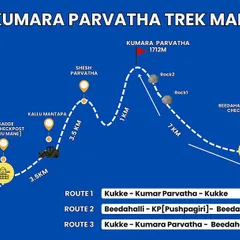 Here is a detailed map of the Kumara Parvatha trek routes. We organize treks on all three routes, from the 14km Beedahalli trail to the full 28km Kukke circuit, so you can choose the challenge that's right for you.