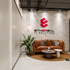 A comfortable and professional waiting area for the Ethereal IT office. We used a combination of brick-textured walls, warm leather seating, and focused lighting to create a welcoming space.