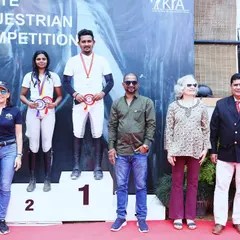 Another podium shot from the Karnataka State Equestrian Competition, with my riders proudly displaying their medals. Consistent winning is the hallmark of my training program.