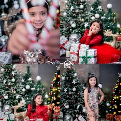 Our Christmas mini sessions are designed to be fun, festive, and full of holiday magic. This collage showcases the variety of joyful moments we capture, from playing with props to posing by the beautifully decorated trees.