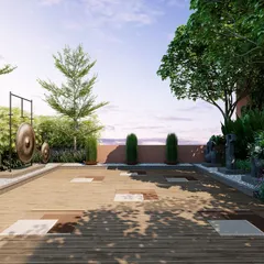 We believe outdoor spaces should nurture well-being. This dedicated gong and meditation deck, set against a backdrop of lush greenery, provides residents with a serene sanctuary for mindfulness and escape, right at their doorstep.