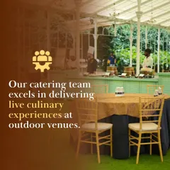 Our catering team excels at delivering live culinary experiences in beautiful outdoor venues. This image shows our setup in a glasshouse, ready to serve guests in a stunning environment.