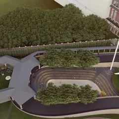 Our institutional designs include unique, purpose-built spaces. This detailed view shows a custom-designed amphitheater for outdoor lessons and performances, alongside other specialized activity zones, demonstrating our meticulous approach to every aspect of the campus plan.