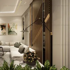 Another angle of the Vishal Enclave living room, highlighting the wooden louvered panel with integrated lighting, which adds warmth and texture to the wall.
