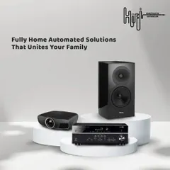 My service provides fully home-automated solutions that bring the family together. This collage shows the core components: a high-quality projector, a powerful AV receiver, and detailed speakers.
