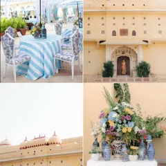 A collage showcasing the beautiful blue and white themed decor for a daytime event at Mundota Palace, perfectly complementing the Rajasthani architecture.